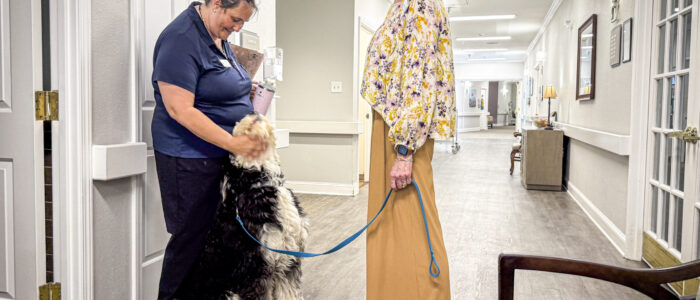 A worker arriving at the Renaissance of Florence is greeted by K9 Bernie and handler Amanda Simpson on Tuesday, April 22, 2025, in Florence, Ala. Bernie sits on the worker’s feet, signaling he doesn’t want her to leave.