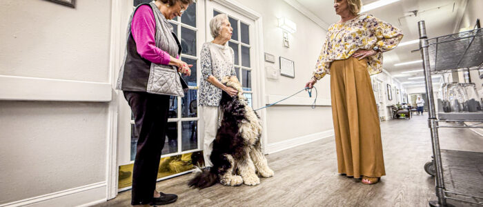 A a couple of Residents of the Renaissance of Florence are greeted by K9 Bernie and handler Amanda Simpson on Tuesday, April 22, 2025, in Florence, Ala. Bernie sits on the resident’s feet, signaling he doesn’t want her to leave.