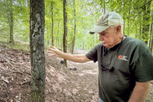 Steve McEachron explains a condition that causes trees to produce living tissue damaging their own bark under certain environmental stress, while walking a trail at Wildwood Park on Wednesday, April 30, 2025, in Florence, Ala.